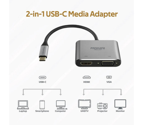 PROMATE MEDIAHUB-C2 HUB ADAPTADOR USB-C A HDMI 4K Y VGA