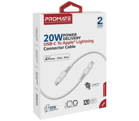 PROMATE POWERLINE-CI120.WH CABLE USB-C A LIGHTNING 1.2M (O)