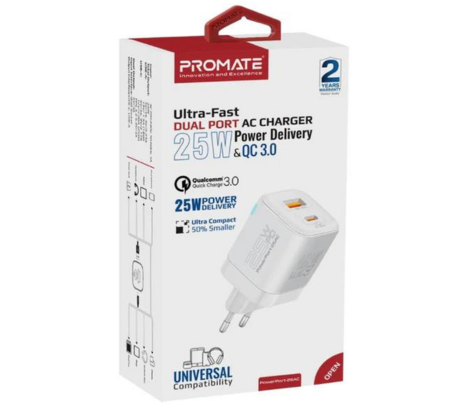 PROMATE POWERPORT-25AC.EU-WT CARGADOR PARED 25W USB-C/A 3.0