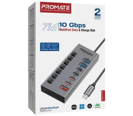 PROMATE GEGAHUB-10G HUB 7 EN 1 USB-C A USB-A/USB-C QC 20W