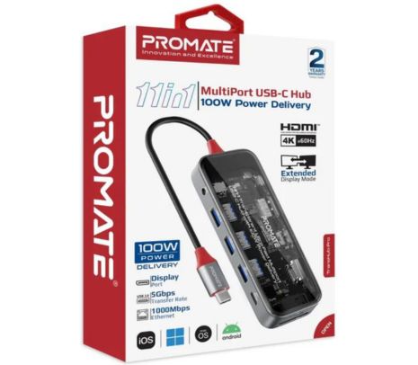 PROMATE TRANSHUB-PRO HUB 11 EN 1 USB-C A USB-C/A/HDMI/SD/AUX/LAN 100W