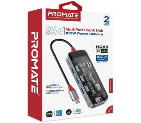 PROMATE TRANSHUB-GO HUB 9 EN 1 USB-C A USB-C/A/HDMI/SD/RJ45 100W