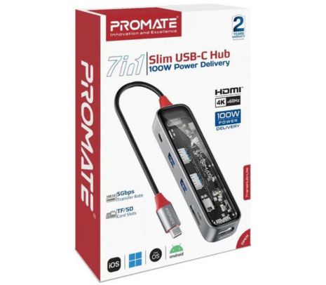 PROMATE TRANSHUB-LITE HUB 7 EN 1 USB-C A USB-C/A/HDMI/SD 100W