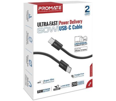 PROMATE ECOLINE-CC200.BLACK CABLE USB-C A USB-C 60W 2M