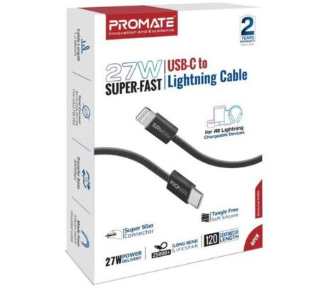 PROMATE ECOLINE-CI120.BLACK CABLE USB-C A LIGHTNING 27W 1.2M