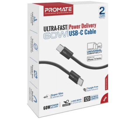 PROMATE ECOLINE-CC120.BLACK CABLE USB-C A USB-C 60W 1.2M