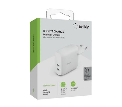 BELKIN WCB006VFWH CARGADOR DE PARED DUAL USB-C 40W WHITE