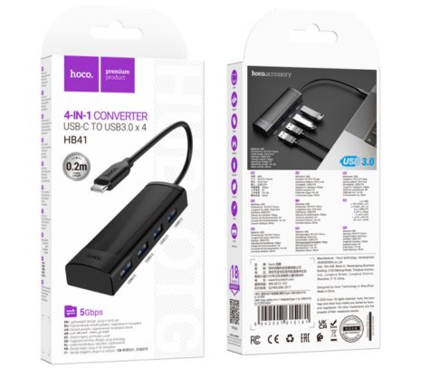 HOCO HB41 HUB 4 EN 1 USB-C A 4 USB-A 3.0 BLACK (D)