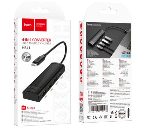 HOCO HB41 HUB 4 EN 1 USB-C A 3 USB-A 2.0 Y 1 USB-A 3.0 BLACK