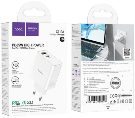 HOCO C113A CARGADOR DE PARED 1 USB-C/1 USB-A EU 65W WHITE