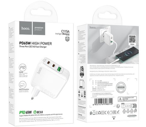 HOCO C115A CARGADOR DE PARED 2 USC-C/1 USB-A EU 65W WHITE