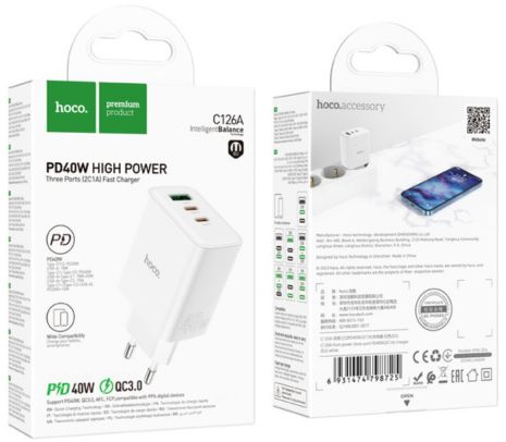 HOCO C126A CARGADOR DE PARED 2 USB-C/1 USB-A EU 40W WHITE