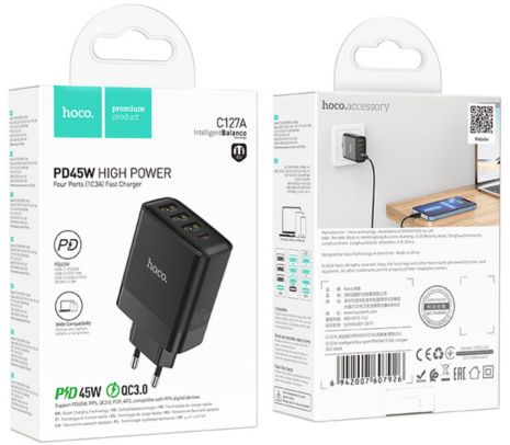 HOCO C127A CARGADOR DE PARED 1 USB-C/3 USB-A EU 45W BLACK