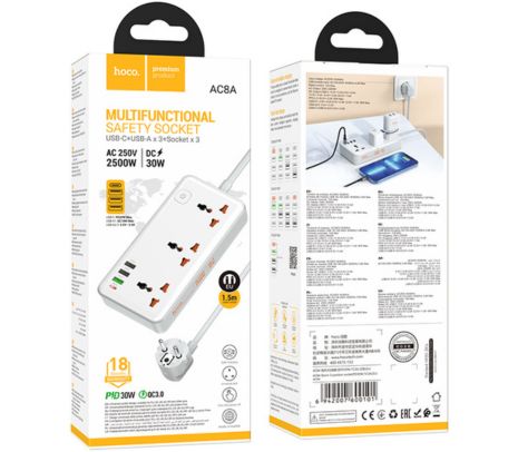 HOCO AC8A CARGADOR/ZAPATILLA SCHUKO C/3 UNIVERSAL 1 USB-C/3 USB-A WHITE 30W