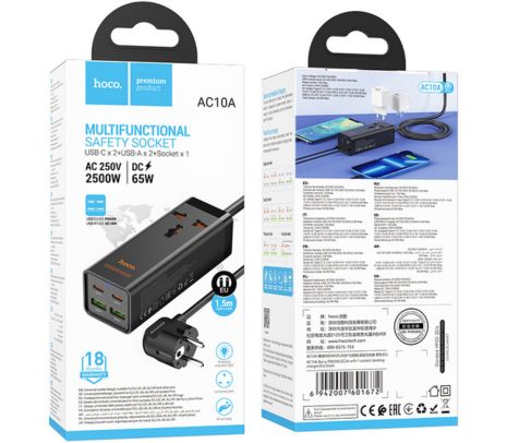 HOCO AC10A CARGADOR/ZAPATILLA SCHUKO C/1 UNIVERSAL 2 USB-C/2 USB-A BLACK 65W