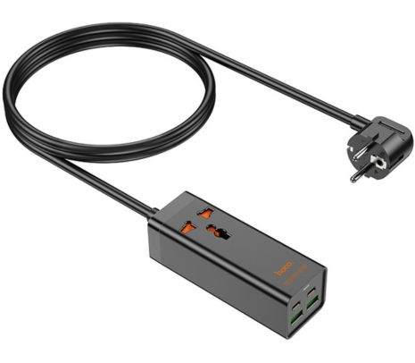 HOCO AC10A CARGADOR/ZAPATILLA SCHUKO C/1 UNIVERSAL 2 USB-C/2 USB-A BLACK 65W