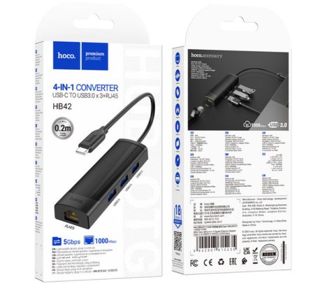 HOCO HB42 HUB 4 EN 1 USB-C A 3 USB-A 3.0 Y RJ45 BLACK