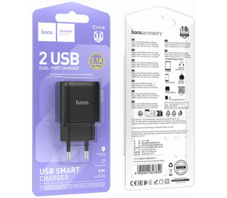 HOCO C141A CARGADOR DE PARED 2 USB-A EU 10W BLACK