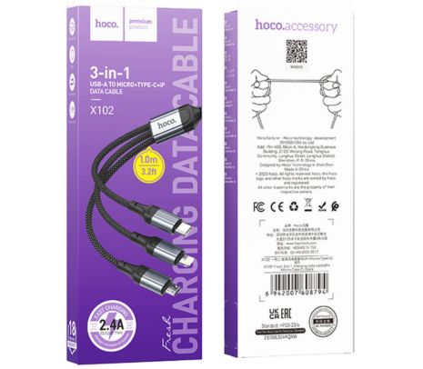 HOCO X102 CABLE FRESH 3 EN 1 USB-A A USB-C/MICRO USB/LIGHTNING BLACK 1M